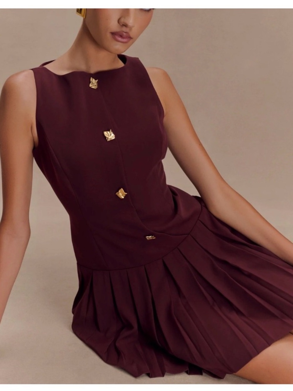 Meshki Burgundy Sleeveless Pleated Mini Dress with Gold Accents